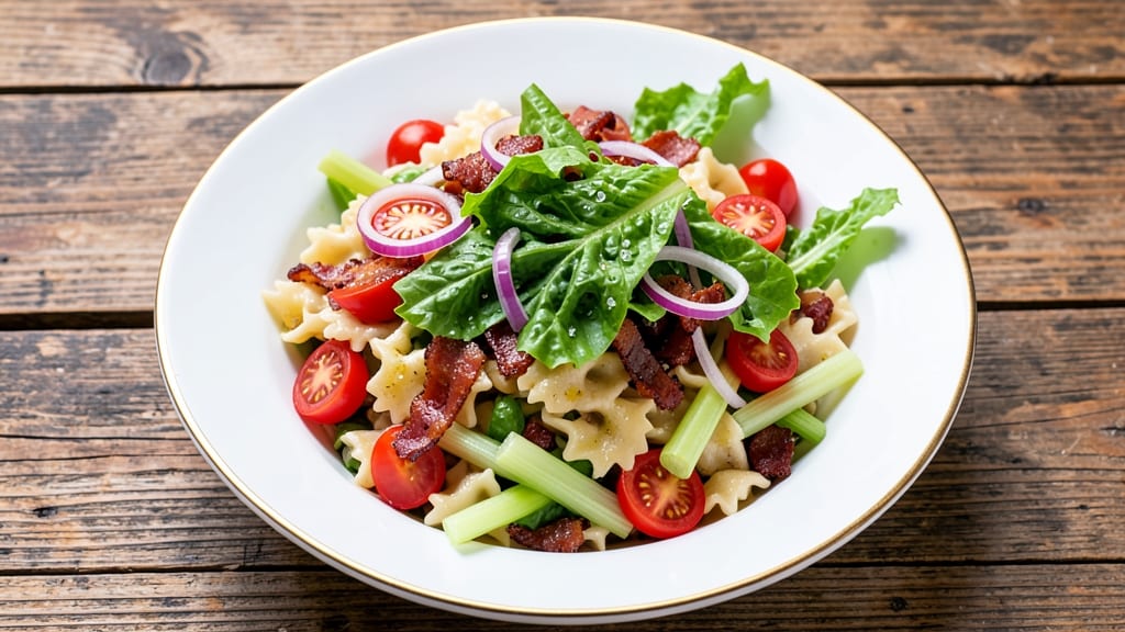 BLT Bow Tie Pasta Salad Recipe: Crisp Celery Crowns and Smoky Bacon Bliss