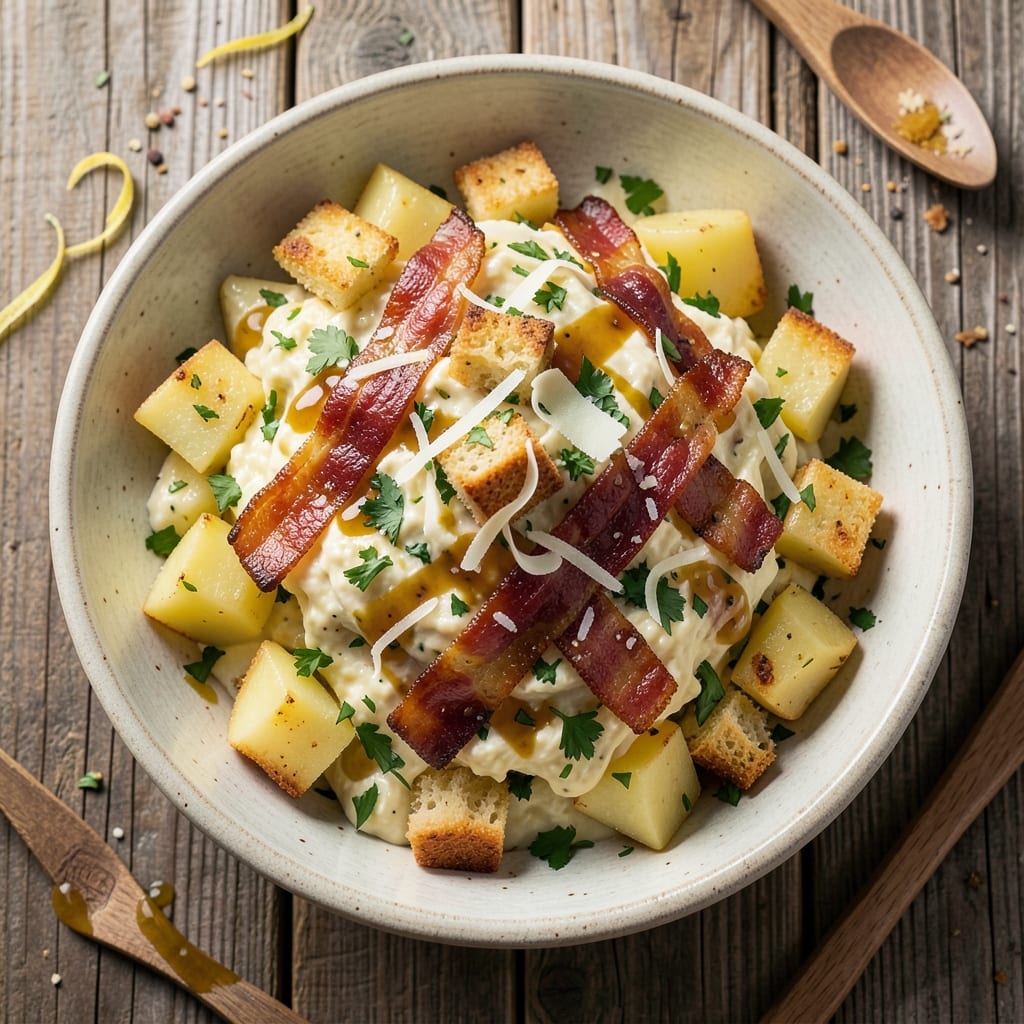 ABC Pizza Potato Salad Recipe: Crispy Croutons and Tangy Parmesan Twist