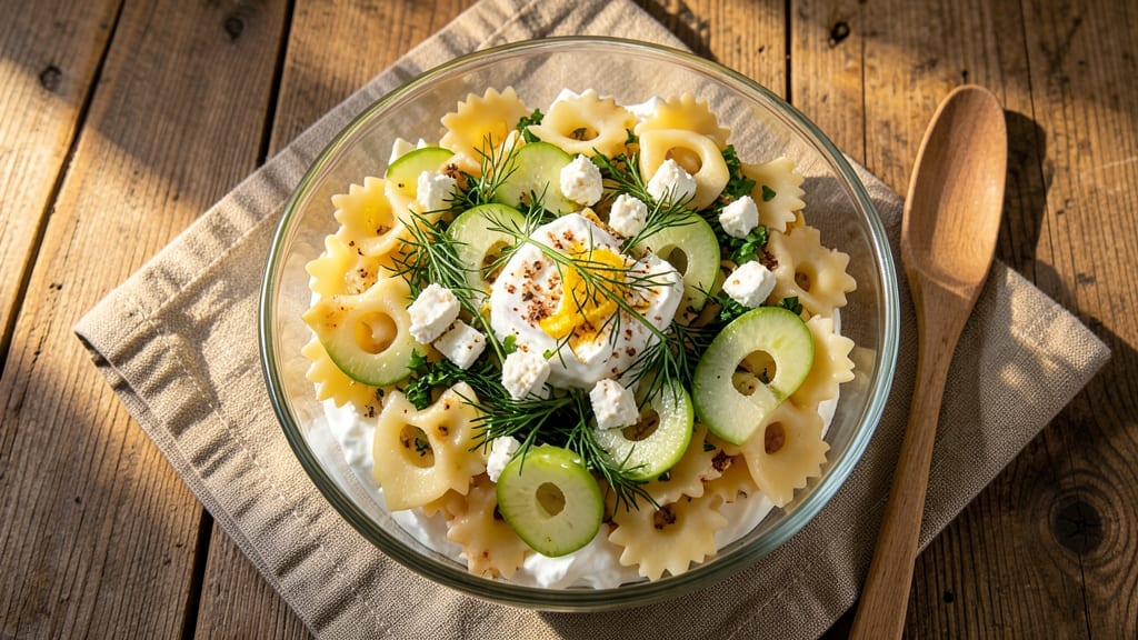 Bowtie Feta Pasta Salad Recipe: Crisp Celery Crowns and Herby Cream Cheese Twist