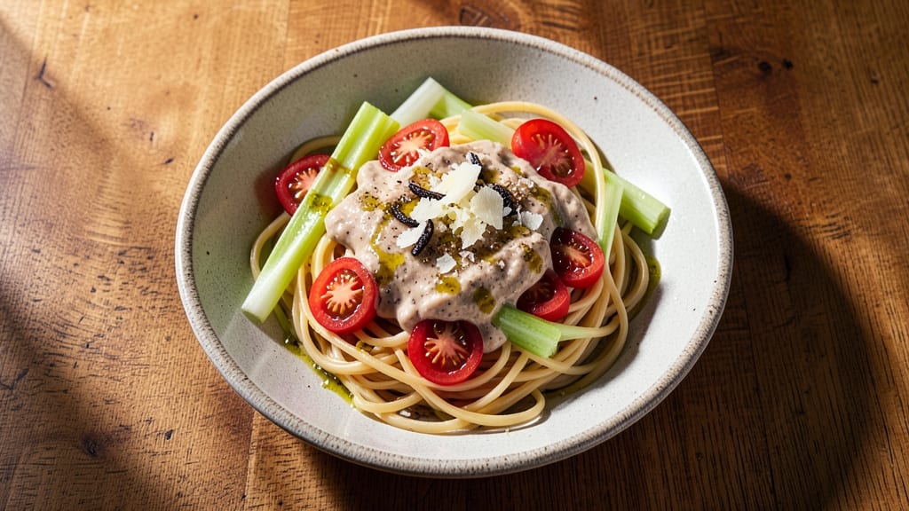 Linguine Salad Supreme Recipe: Celery Crowns and Anchovy-Parmesan Velouté